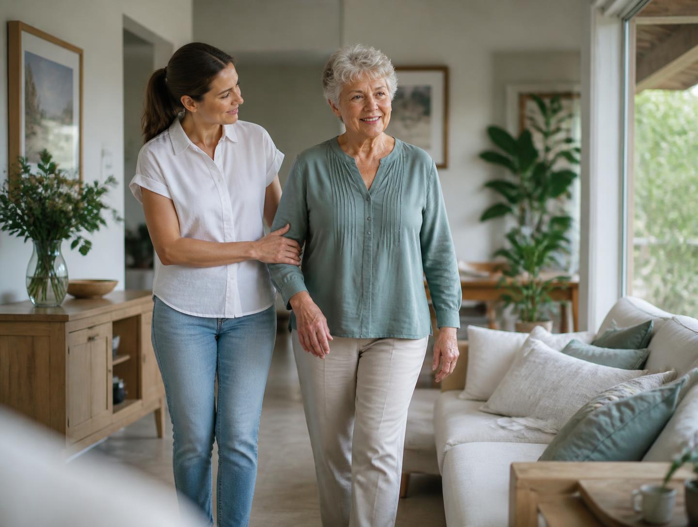 A physiotherapist walking beside an older woman in her sunlit living room